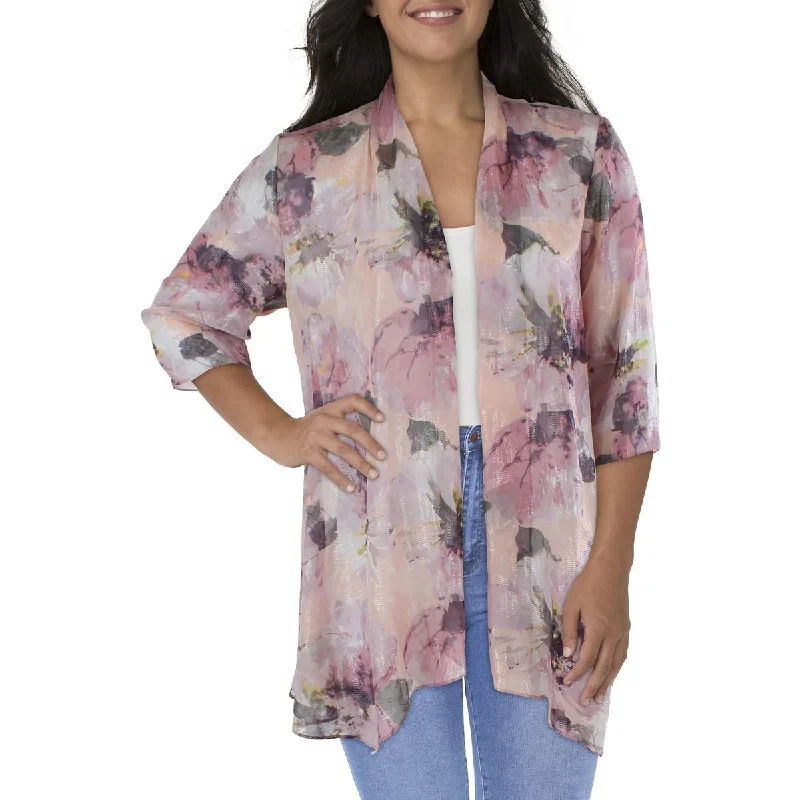 R&M Richards Womens Plus Chiffon Floral Duster Blazer