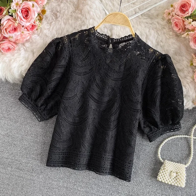 Retro puff-sleeved lace short top    S3923