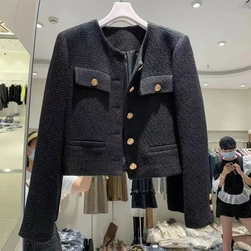 SMTHMA Korean Chic Female Tweed Basic Jacket Coat Women Clothing Runway Style Woolen Outerwear