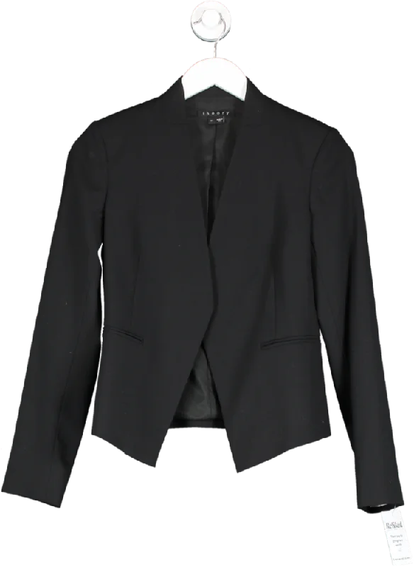 Theory Black Collarless Wool Blend Blazer UK XXS