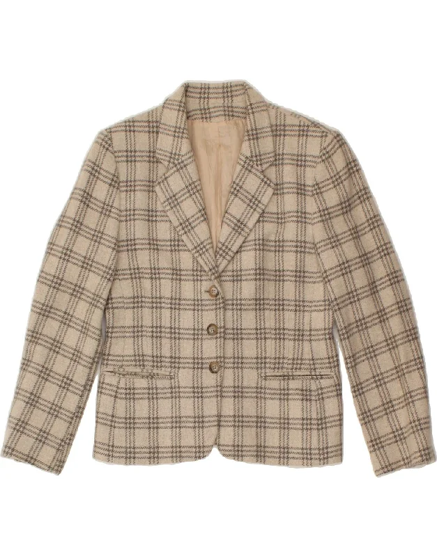 VINTAGE Womens 3 Button Blazer Jacket IT 46 Large Beige Check Wool