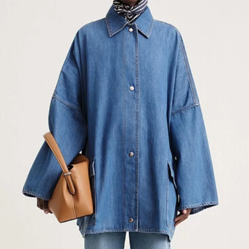 Women Large Pocket Denim Long Jacket