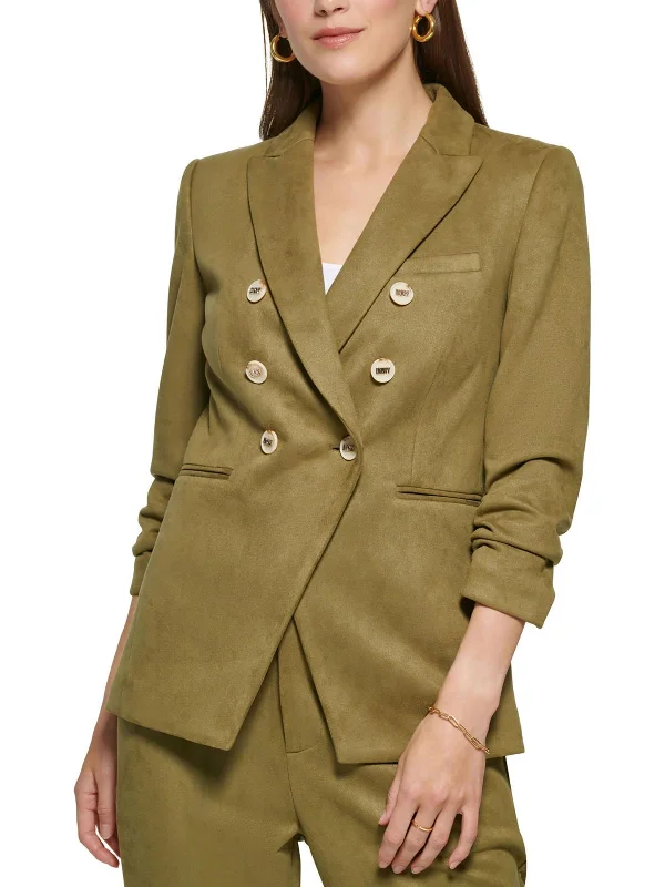 Womens Faux Suede Ruched Double-Breasted Blazer