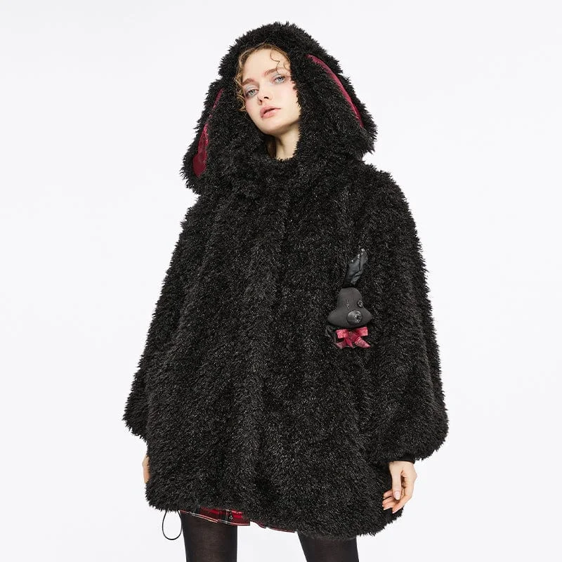 Women's Grunge Drawstring Woolen Coat with Rabbit Hood