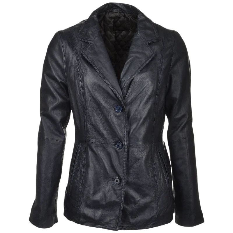 Women's Vintage Navy Blue Sheep Leather Slim Fit Blazer Jacket