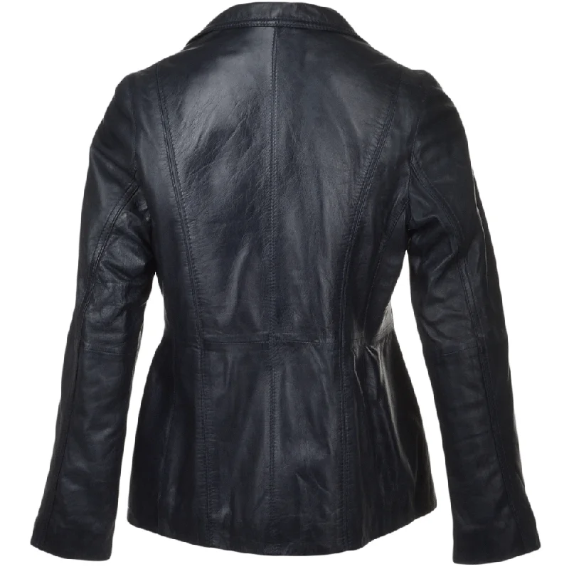 Women's Vintage Navy Blue Sheep Leather Slim Fit Blazer Jacket