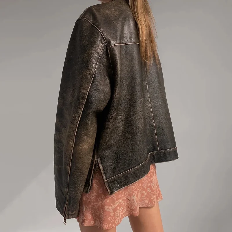 Women's Vintage Oversized Distressed Brown Leather Jacket WD07