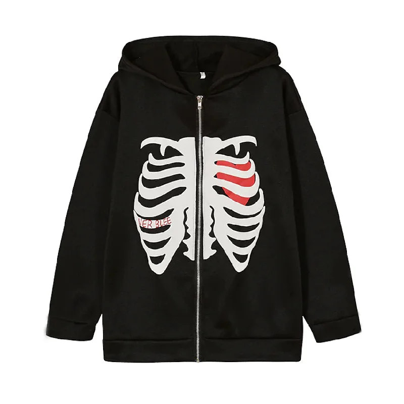 Women's Zip Up Skeleton Letter Hoodie Sweatshirt