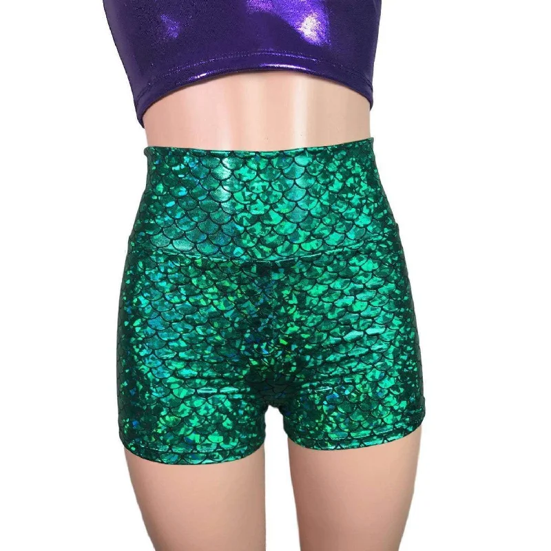 High Waisted Booty Shorts - Green Mermaid Scales