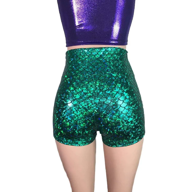 High Waisted Booty Shorts - Green Mermaid Scales