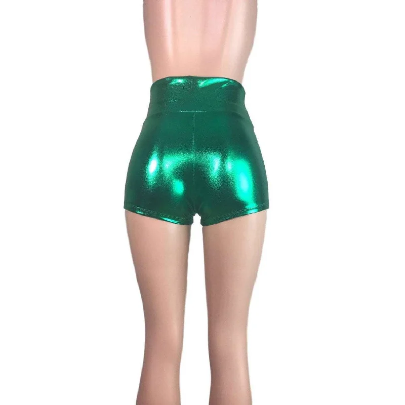 High Waisted Booty Shorts - Green Metallic