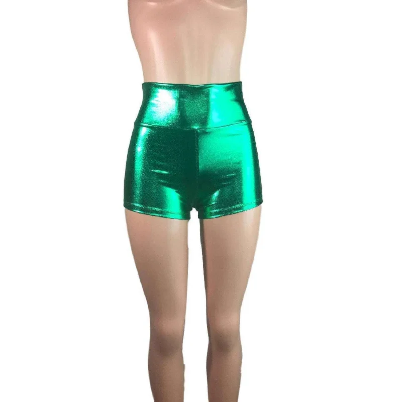 High Waisted Booty Shorts - Green Metallic