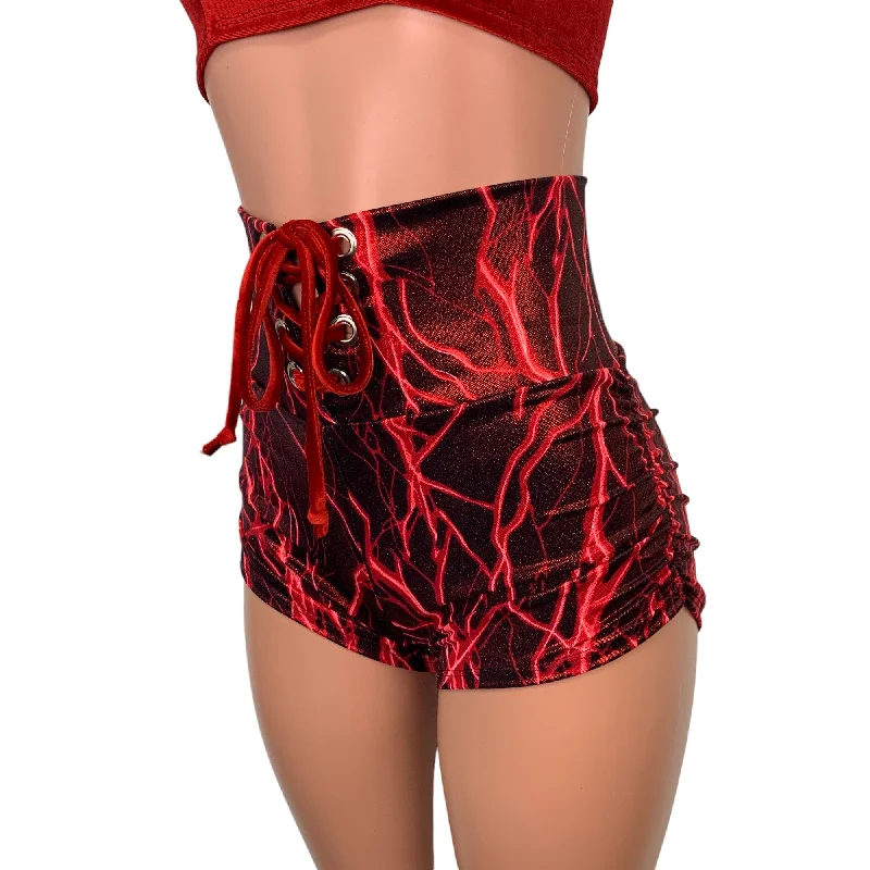 Lace-Up Ruched High Waist Booty Shorts - Red Lightning Metallic