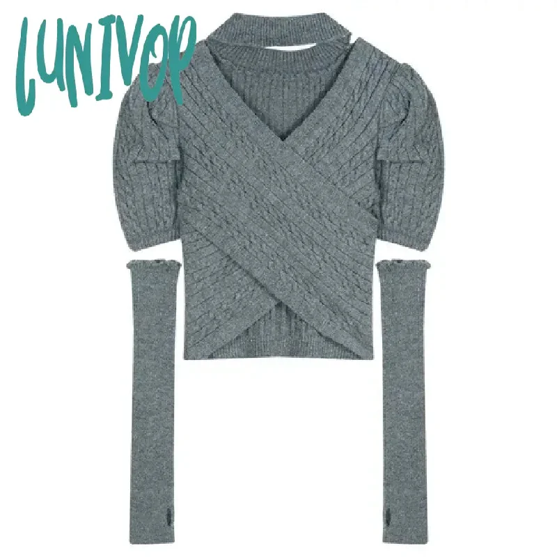 Lunivop Autumn Winter Korean Fashion Retro Soft Cashmere Screw Thread Sweater Removable Puff Sleeves Slim Sweater Pullover Tops