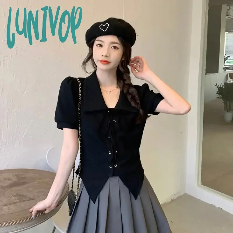 Lunivop Woman Sweet T-shirt Korean Fashion Turn-down Collar Chic Shirt Spring New Lace-Up Tops Puff Sleeve Crop Top