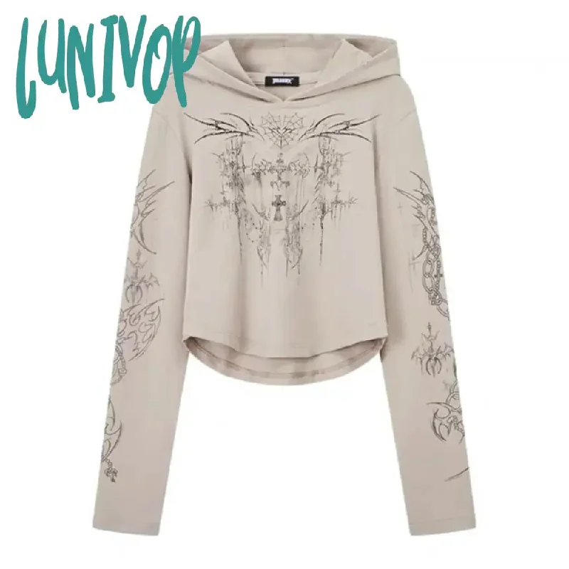 Lunivop Y2k Gothic Hooded Graphic Crop T Shirts Women Grunge Punk Aesthetic Tops Streetwear Vintage 2000s Long Sleeve Tees