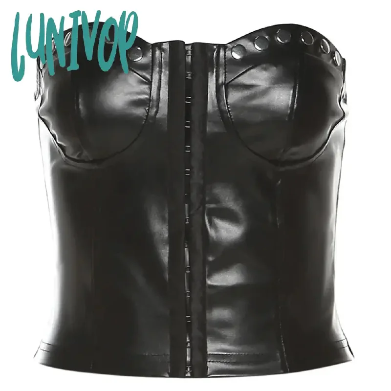 Lunivop Y2K Streetwear Fashion Real Leather Crop Top Women Runway Elasticated Cinched Waist Black Camisole Sexy High End Tee Clothes