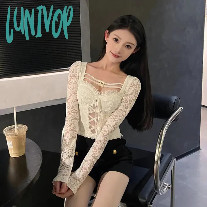 Lunivop Y2K White Lace Women Sexy Tops T-shirt Lolita Cute Slim Long Sleeve All-Match Casual Bottoming Shirt Sweet New Korean Style