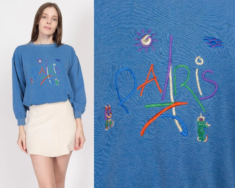 Medium 80s Paris Embroidered Blue Tourist Sweatshirt