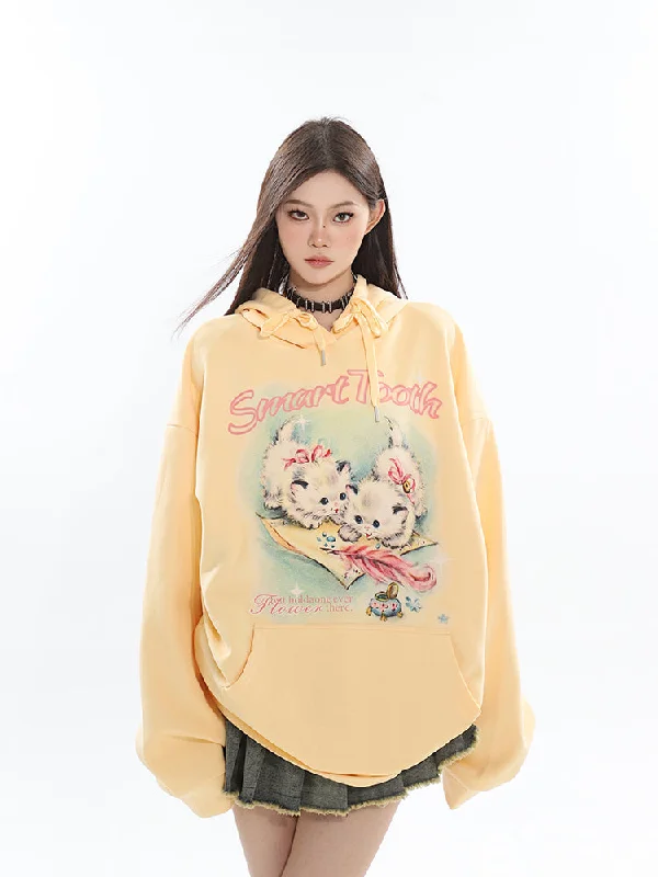 Mielle Solid Color Cute Kitty Print Long Sleeve Hooded Sweatshirt