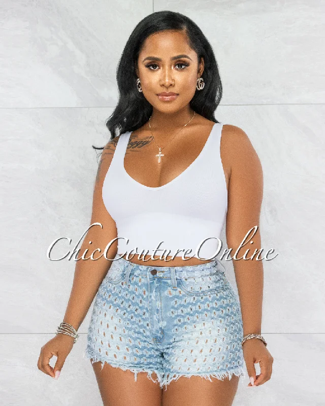 Missie Light Blue Denim See-Thru Perforated Shorts