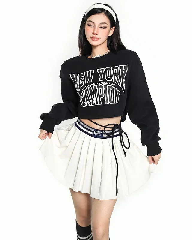 NEW YORK CHAMPION Graphic Print Solid Color Black Long Sleeve Cropped Lace Up Sweatshirt