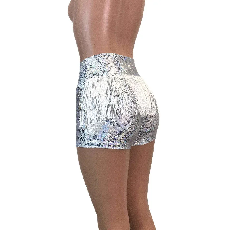 Fringe High Waisted Booty Shorts - Silver Shattered Glass