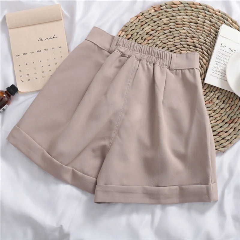 Solid Color All-match Roll-up Wide-leg Casual Shorts