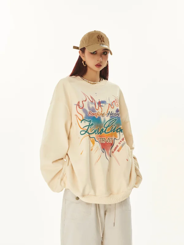 ZeroCircle Graphic Letter Print Flaming Heart Apricot Long Sleeve Sweatshirt