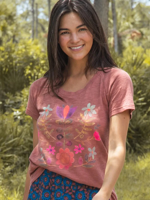 Boho Cotton Tee Shirt - Rust Folk Flower