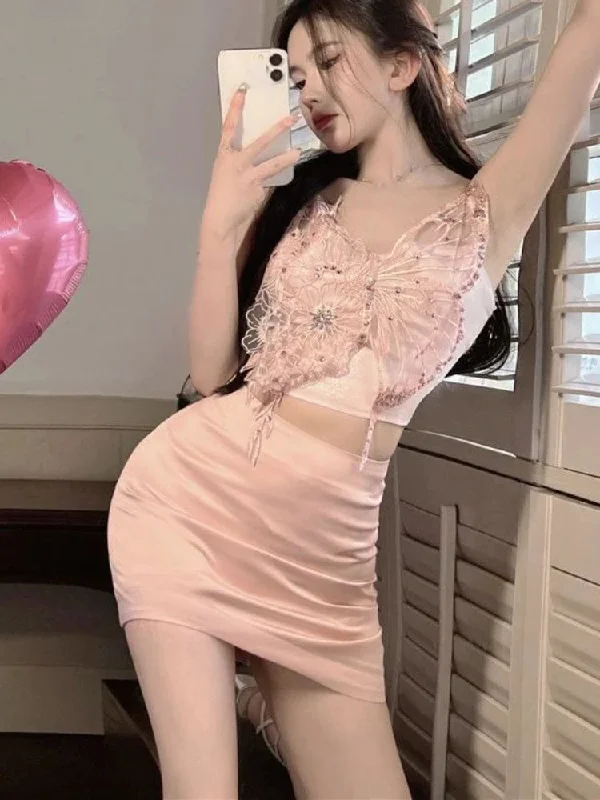 Lunivop Butterfly Vintage Elegant Two Piece Set Women Lace Korean Sexy Mini Skirts Suit Female Chic Pink Vest + Designer Skirt