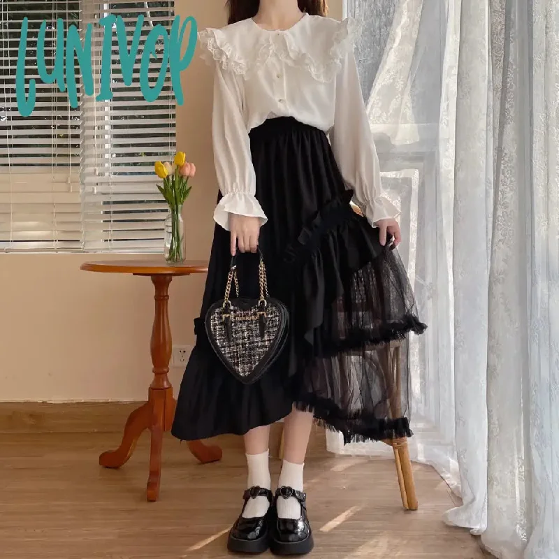 Lunivop Japanese Vintage Lolita Skirts Women Irregularity Mesh Patchwork Ruffles High Waist Long Tutu Skirt Korean Casual Female Vestido