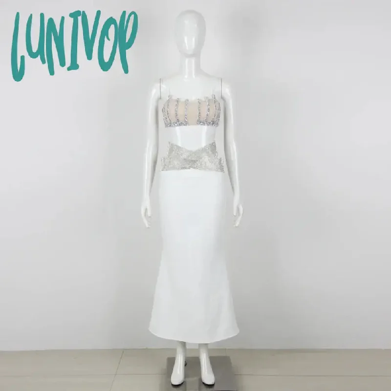 Lunivop New Women Elegant Luxury Beaded Shiny Diamond Sexy Tank Top &Bandage Skirt 2 Piece Set Birthday Evening Cocktail Party Vestidos