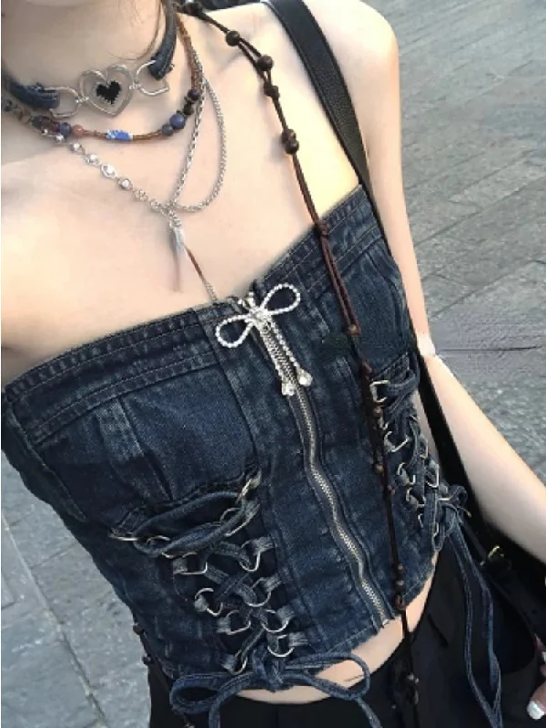 Lunivop Summer Vintage Y2k Sleeveless Crop Tops Women Backless Sexy Party Denim Corset Women Bandage Korean Fashion Casual Vest