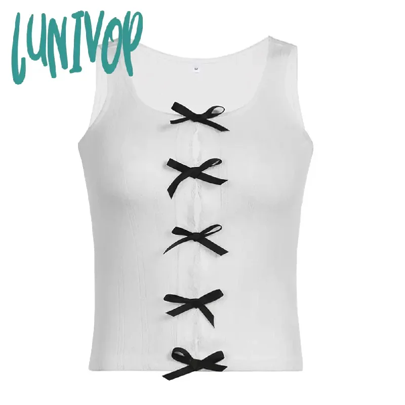 Lunivop Y2K Korean Sweet White Skinny Women Tops Vest Sleeveless Lace Spliced Split Y2K Cute Bow Summer Crop Top Coquette Clothes