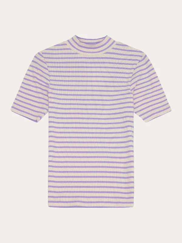 Striped rib high neck short sleeved - Purple stripe