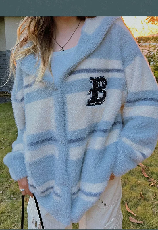 B Letter Embroidery Stripe Long Sleeve Button Up Hooded Sweater