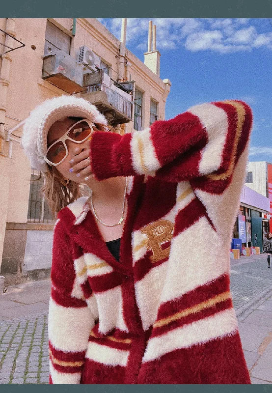 B Letter Embroidery Stripe Long Sleeve Button Up Hooded Sweater