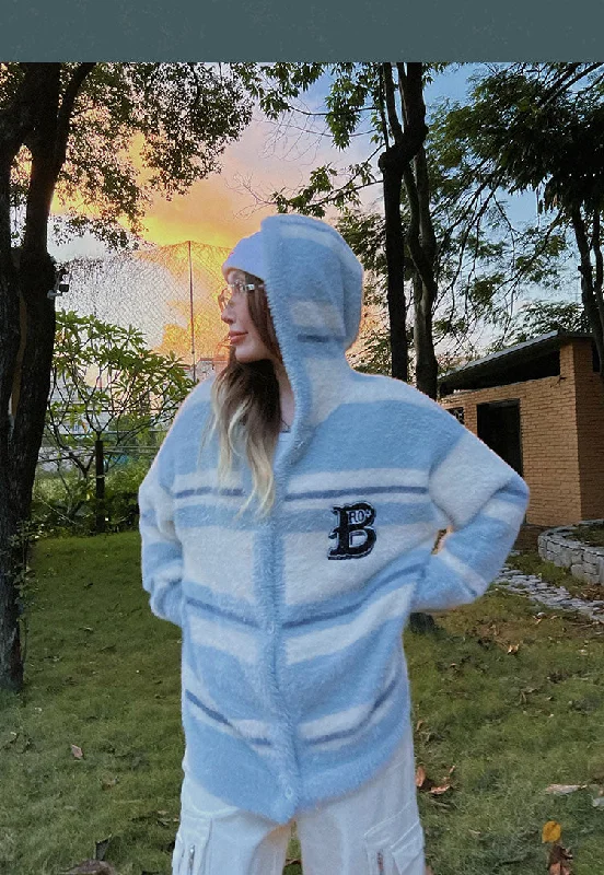 B Letter Embroidery Stripe Long Sleeve Button Up Hooded Sweater