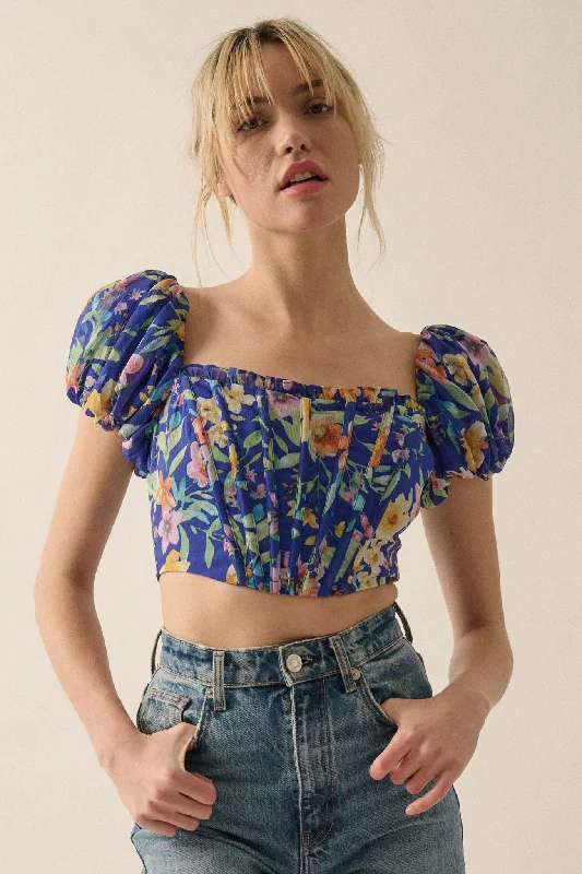 Bermuda Babe Floral Chiffon Puff-Sleeve Corset Top