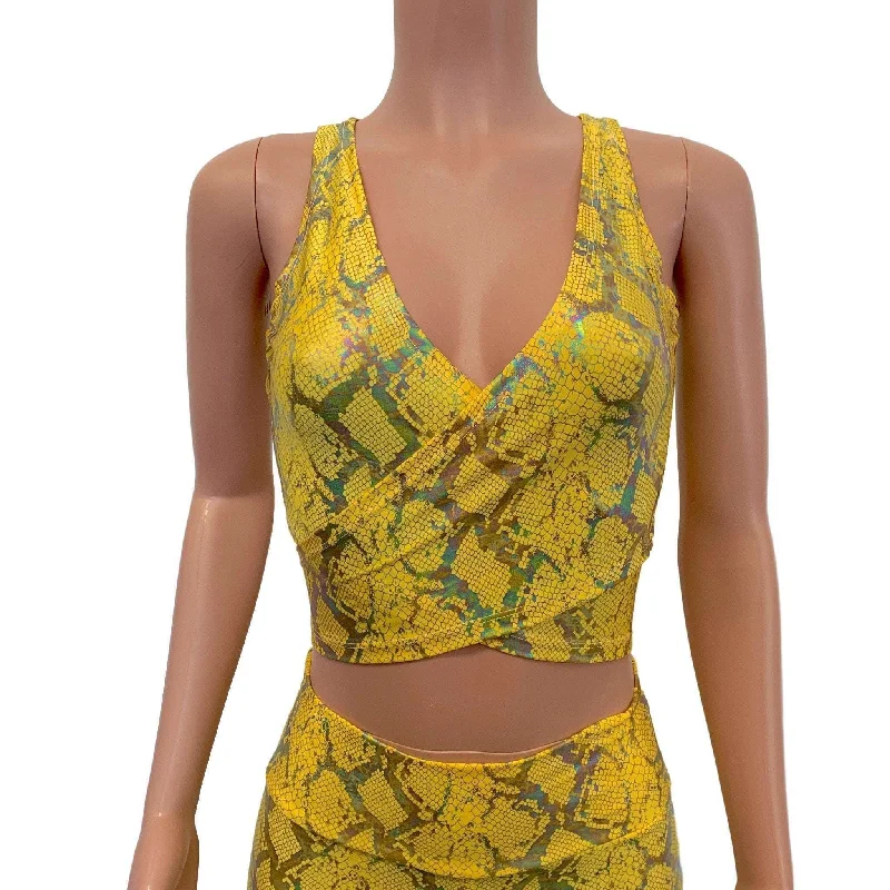 Crop Wrap Top - Yellow Snakeskin Holographic