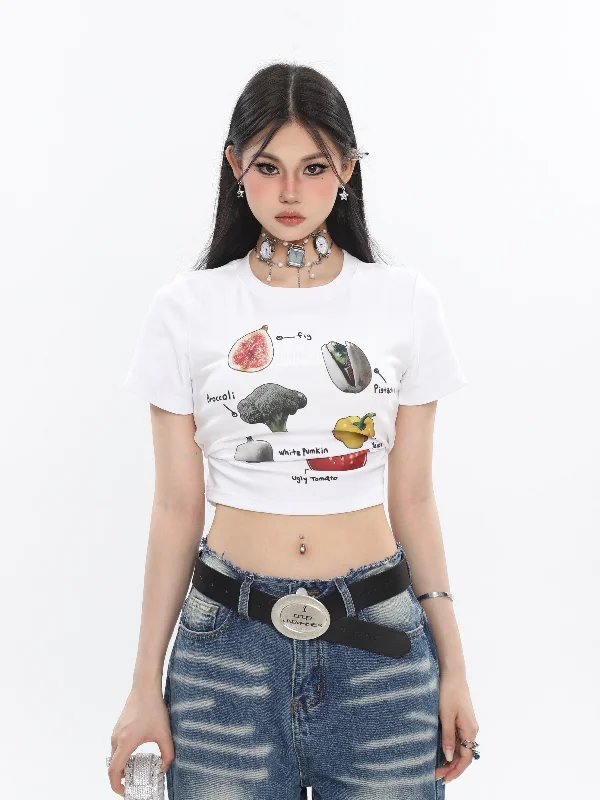 Fruits & Veggies Love Graphic Image Print Solid Color Short Sleeve Cropped Top