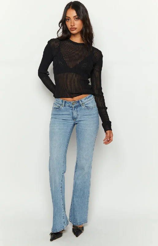 Gems Black Sheer Knit Long Sleeve Top