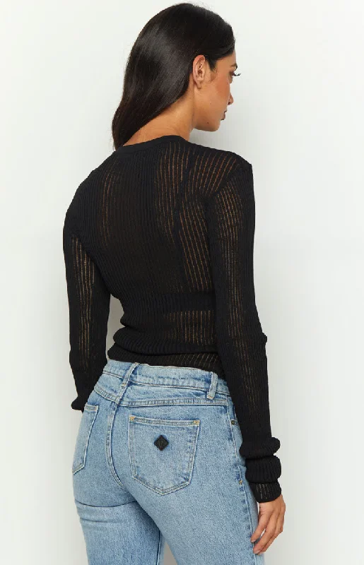 Gems Black Sheer Knit Long Sleeve Top