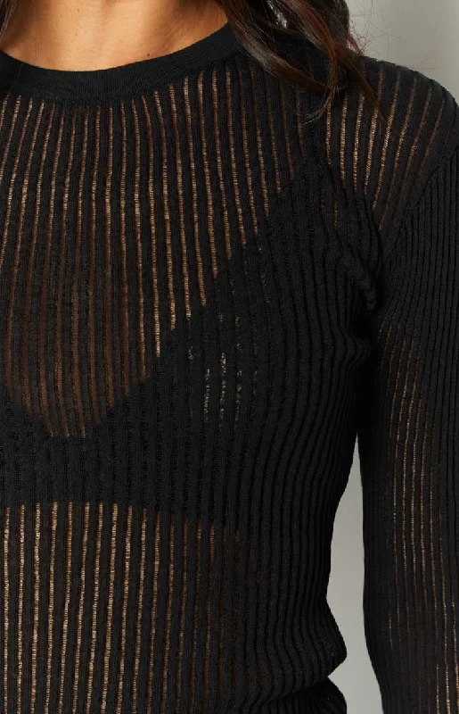 Gems Black Sheer Knit Long Sleeve Top