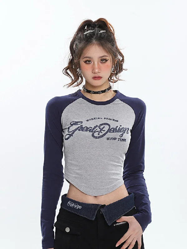 Great Design Graphic Letter Print Patchwork Long Sleeve Slim Cropped Top