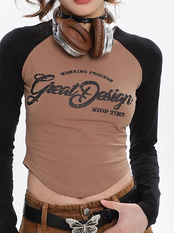 Great Design Graphic Letter Print Patchwork Long Sleeve Slim Cropped Top