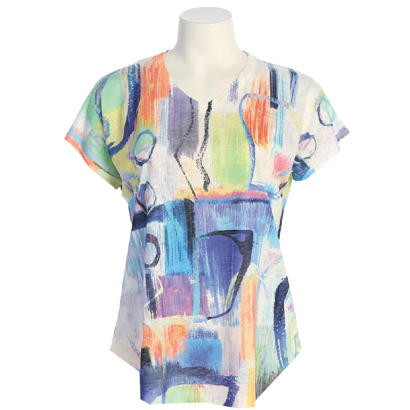 Jess & Jane 60-1807 Bristol Multi Color 1/4 Sleeve V Neck Women's Top