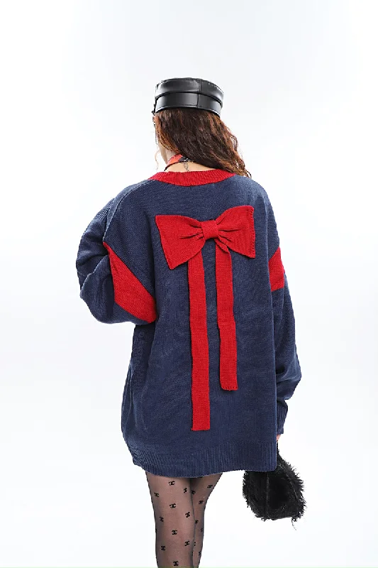 M Wreath Patchwork Solid Color V-Neck Long Sleeve Back Bow Sweater