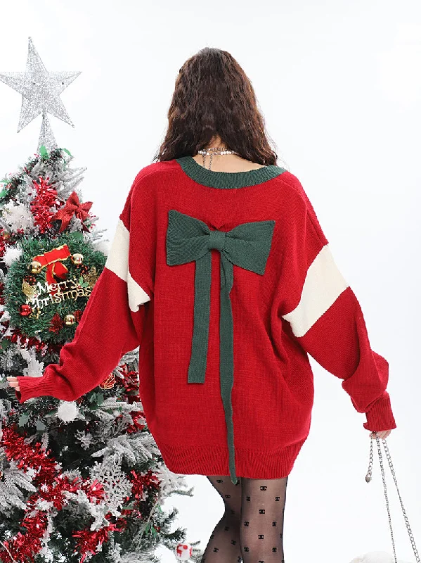 M Wreath Patchwork Solid Color V-Neck Long Sleeve Back Bow Sweater